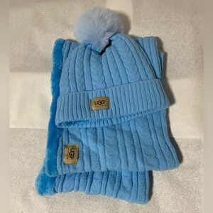 UGG Light Blue Cable Knit Beanie with Pom and Matching Scarf Set
